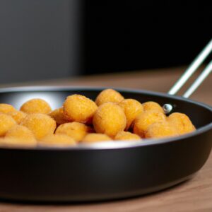 Imagem de cogumelos shimeji dourados e crocantes preparados em uma Airfryer, servidos em um prato com um raminho de alecrim fresco e um toque de limão.