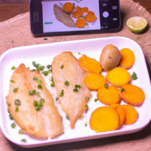 Uma foto de tilápias temperadas e batatas cortadas em rodelas cozinhando em uma Airfryer. O prato está quase pronto, com as tilápias douradas e as batatas levemente crocantes. Ao redor da Airfryer, há ingredientes como sal, pimenta, limão e ervas frescas, que foram usados para temperar o peixe e as batatas.