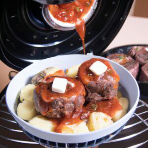 Imagem de uma Airfryer com uma panela contendo um vulcão de carne moída coberto com purê de batatas. A carne moída é temperada e cozida na Airfryer, enquanto o purê de batatas é feito com manteiga, leite e temperos. O vulcão de carne moída e o purê de batatas são servidos juntos, criando uma refeição fácil e deliciosa.