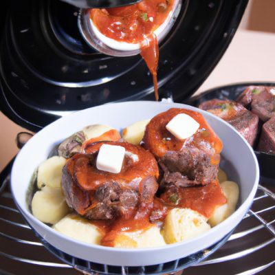 Imagem de uma Airfryer com uma panela contendo um vulcão de carne moída coberto com purê de batatas. A carne moída é temperada e cozida na Airfryer, enquanto o purê de batatas é feito com manteiga, leite e temperos. O vulcão de carne moída e o purê de batatas são servidos juntos, criando uma refeição fácil e deliciosa.