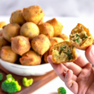 Bolinhos de brócolis crocantes e dourados feitos em uma Airfryer. Os bolinhos são feitos com brócolis fresco, farinha, ovos e temperos e são cozidos até ficarem crocantes por fora e macios por dentro. Eles são servidos com um molho de iogurte e alho.