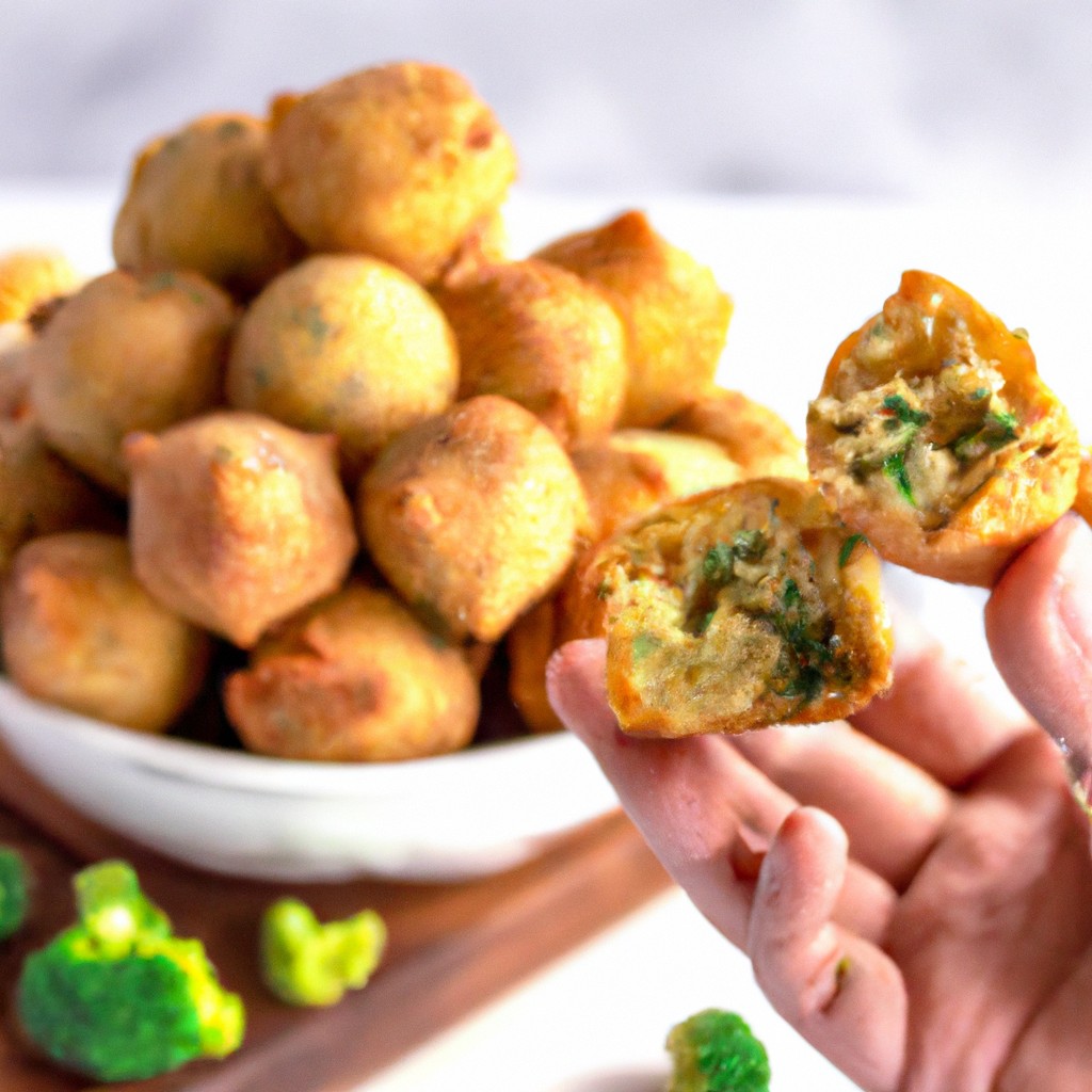 Bolinhos de brócolis crocantes e dourados feitos em uma Airfryer. Os bolinhos são feitos com brócolis fresco, farinha, ovos e temperos e são cozidos até ficarem crocantes por fora e macios por dentro. Eles são servidos com um molho de iogurte e alho.