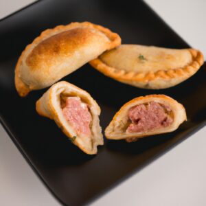 Imagem de uma empanada de linguiça crocante e dourada, preparada na airfryer, com recheio suculento e saboroso.