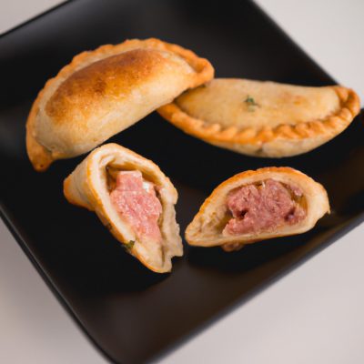 Imagem de uma empanada de linguiça crocante e dourada, preparada na airfryer, com recheio suculento e saboroso.