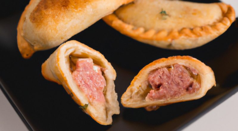 Imagem de uma empanada de linguiça crocante e dourada, preparada na airfryer, com recheio suculento e saboroso.