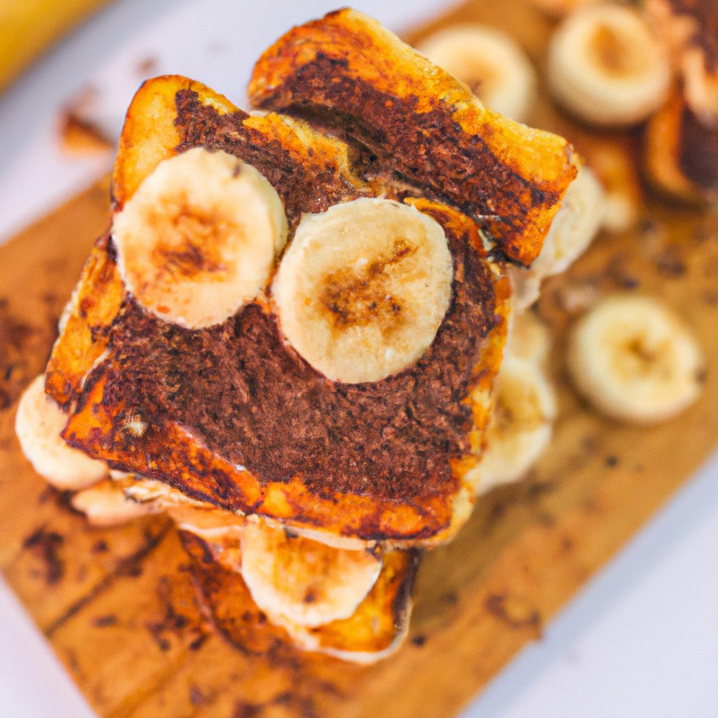Imagem de uma torrada de banoffee feita na airfryer. Ela é composta por pão torrado coberto com bananas fatiadas, doce de leite e chantilly. A torrada é polvilhada com cacau em pó e apresentada em um prato branco.