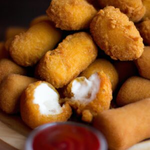 Imagem de uma airfryer cheia de nuggets de frango crocantes e dourados. O prato ao lado da airfryer contém um molho para mergulhar.