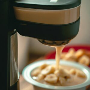Imagem de uma tigela branca contendo doce de leite cremoso e dourado, feito na Airfryer. A tigela está sobre um pano de prato azul e branco e há uma colher de metal ao lado.