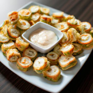 Imagem de um rondeli de abobrinha cortado ao meio, mostrando o recheio de ricota e queijo. O rondeli está cozido na Airfryer e tem uma crosta dourada.