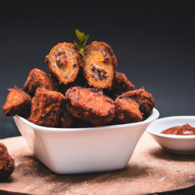 Imagem de uma airfryer com a parte superior removida, revelando uma cesta cheia de carne grelhada e temperada. A carne é suculenta e tenra, com um belo tom dourado.