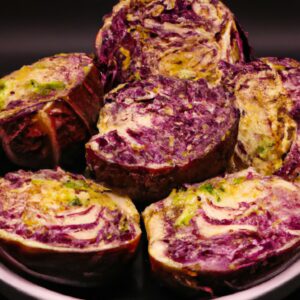 Imagem de repolho refogado com calabresa em uma airfryer. O repolho está cortado em fatias finas e a calabresa está em pedaços pequenos. A airfryer é preta e tem uma cesta de metal.