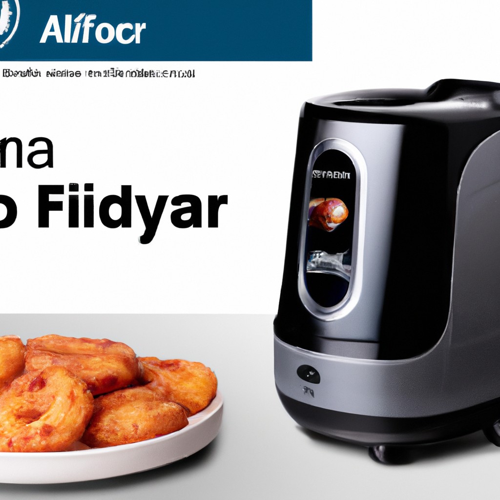 Imagem de uma fritadeira AirFryer em uma bancada de cozinha, com um prato de batatas fritas ao lado. O texto