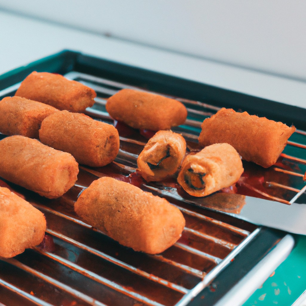Imagem de risoles fritos na airfryer, com recheio de carne moída e queijo. Os risoles estão dispostos em um prato, com um fundo de papel toalha absorvente.