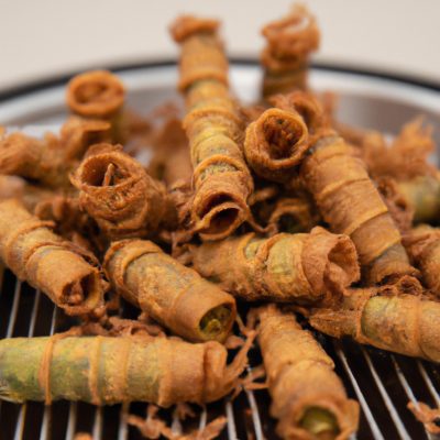 Imagem mostra um rolinho de abobrinha crocante cozido na airfryer. O rolinho é dourado e crocante, recheado com uma mistura de queijo, vegetais e especiarias. O rolinho é apresentado num prato com uma fatia de limão ao lado.