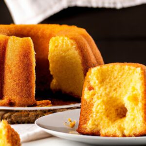 Imagem de um bolo de milho dourado e fofo, recém-saído da air fryer. O bolo é coberto com uma crosta crocante e tem um interior úmido e macio.