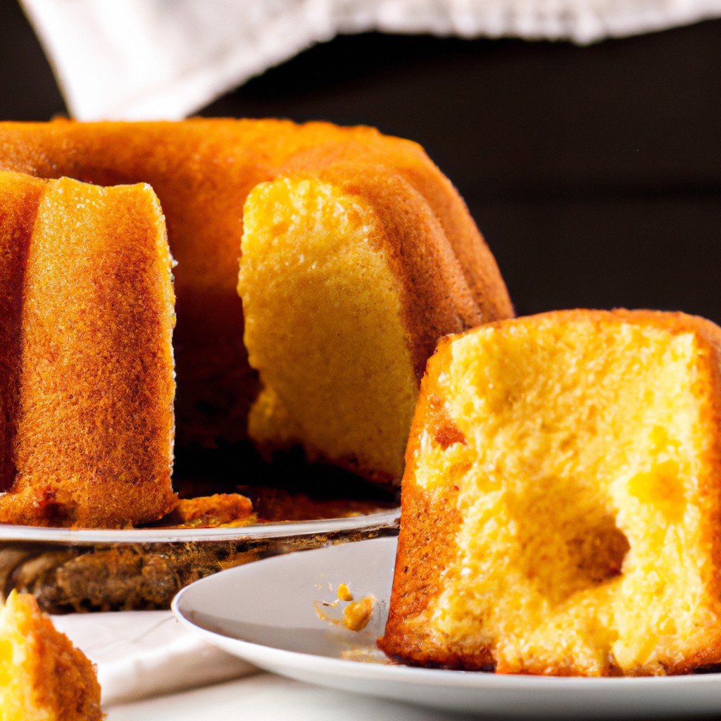 Imagem de um bolo de milho dourado e fofo, recém-saído da air fryer. O bolo é coberto com uma crosta crocante e tem um interior úmido e macio.