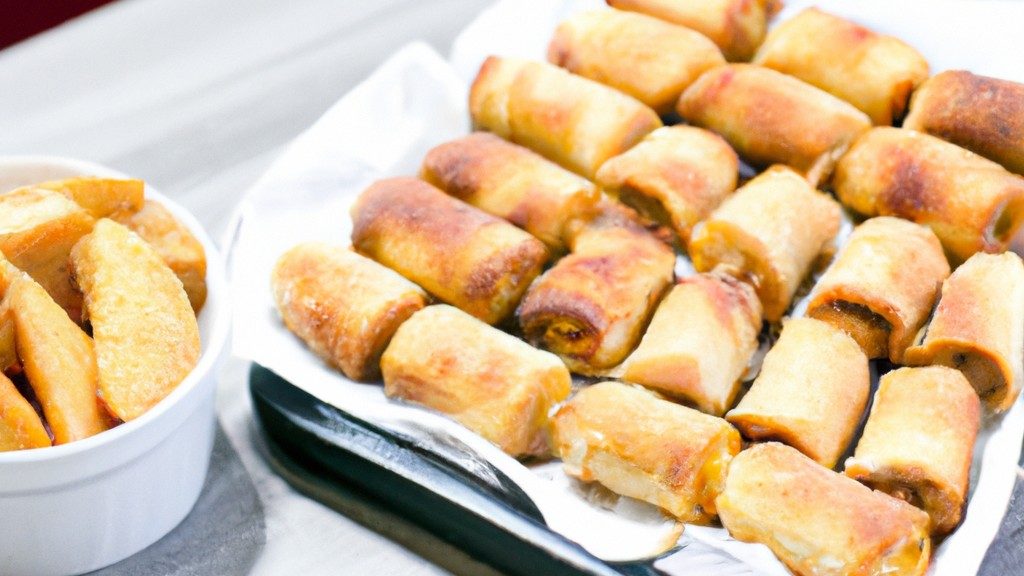 Imagem de rolinhos primavera dourados e crocantes cozinhando em uma airfryer. Receita fácil e rápida para um lanche ou aperitivo delicioso.