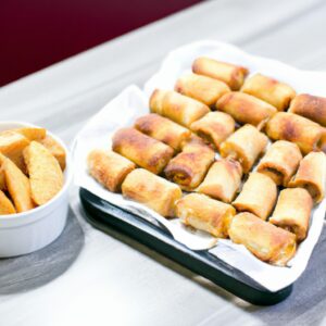 Imagem de rolinhos primavera dourados e crocantes cozinhando em uma airfryer. Receita fácil e rápida para um lanche ou aperitivo delicioso.