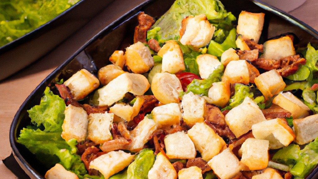 Imagem de uma salada Caesar sendo feita em uma airfryer. A salada inclui alface romana, croutons, queijo parmesão e molho Caesar. A imagem mostra a salada sendo cozida na airfryer, bem como o produto final.