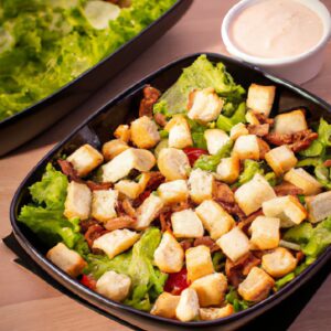 Imagem de uma salada Caesar sendo feita em uma airfryer. A salada inclui alface romana, croutons, queijo parmesão e molho Caesar. A imagem mostra a salada sendo cozida na airfryer, bem como o produto final.