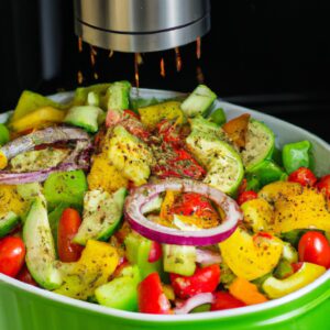 Uma foto de uma tigela cheia de salada mediterrânea com legumes assados na Airfryer. Os legumes incluem brócolis, cenoura, cebola roxa e pimentão vermelho. A salada é coberta com queijo feta, azeitonas e vinagrete.