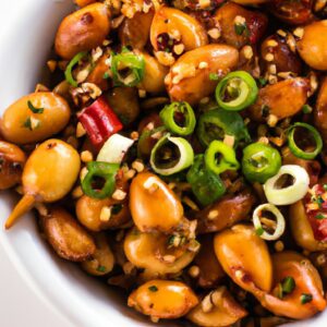 Imagem mostra uma salada de pimentão assado com feijão-branco preparada na Airfryer. A salada é servida em uma tigela e contém pimentões vermelhos e verdes assados, feijão-branco, cebola roxa, azeite, suco de limão e temperos. A salada é colorida, fresca e saudável.