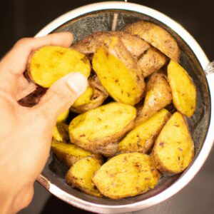 Uma imagem de batatas cortadas finamente e dispostas em uma cesta de airfryer. As batatas estão levemente douradas e crocantes, e há uma tigela de sal ao lado.