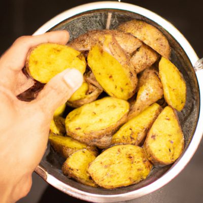 Uma imagem de batatas cortadas finamente e dispostas em uma cesta de airfryer. As batatas estão levemente douradas e crocantes, e há uma tigela de sal ao lado.