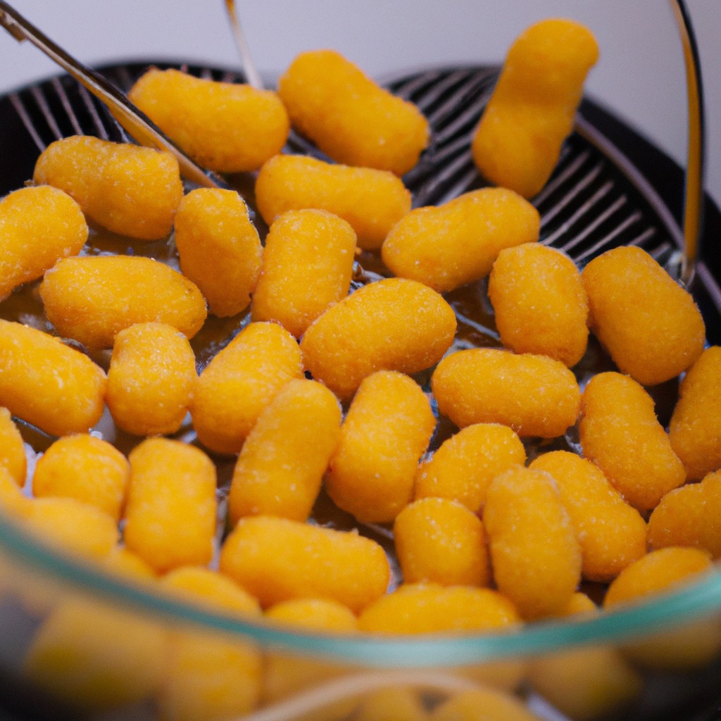 Salgadinho De Queijo Na Airfryer: Receita Fácil E Deliciosa 1 Imagem de salgadinhos de queijo crocantes e dourados preparados na airfryer. Os salgadinhos têm uma forma triangular e são cobertos com queijo derretido e borbulhante. Eles estão dispostos em um prato forrado com papel manteiga.