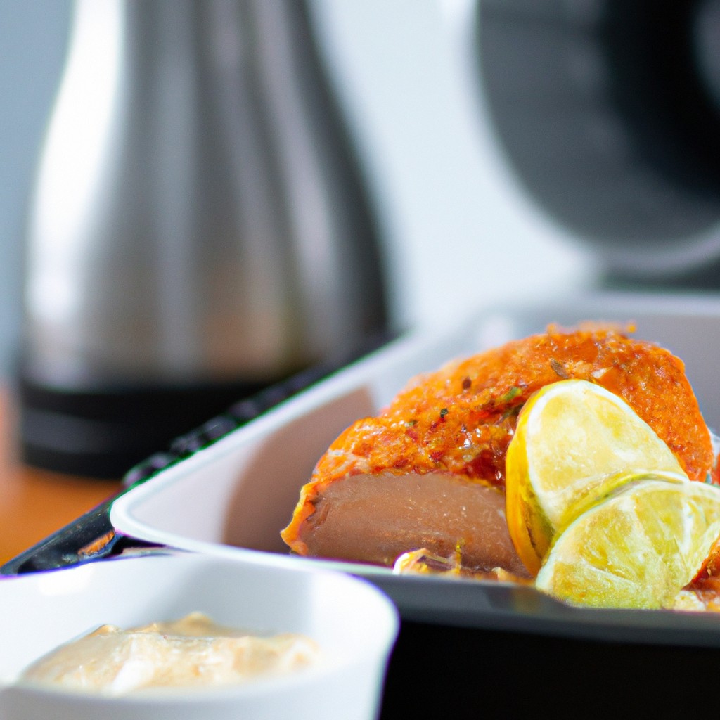 Salmão Ao Molho De Laranja Na Airfryer: Receita Deliciosa 1 Imagem de filés de salmão assados em uma fritadeira, servidos em um prato com molho de laranja por cima. O salmão é dourado e crocante, e o molho de laranja é brilhante e cítrico.