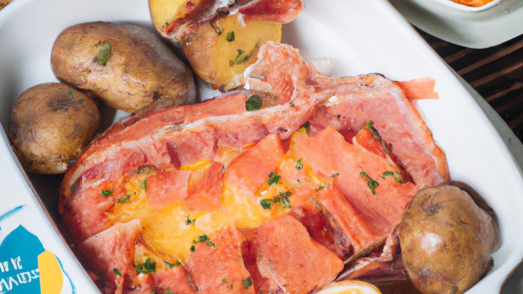 Uma imagem de salmão assado na Airfryer com batatas em volta. O salmão é dourado e as batatas são crocantes. A imagem mostra um prato delicioso e fácil de preparar.