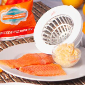 Salmão com Crosta Crocante: Uma refeição saudável e deliciosa feita na Airfryer. O salmão é coberto com uma crosta crocante de ervas, limão e especiarias, resultando em um prato tenro e suculento com um exterior crocante. A Airfryer cozinha o salmão rapidamente e uniformemente, garantindo uma refeição rápida e fácil de preparar.