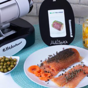 Imagem de um prato de salmão cozido na Airfryer, guarnecido com alcaparras e um molho cremoso.