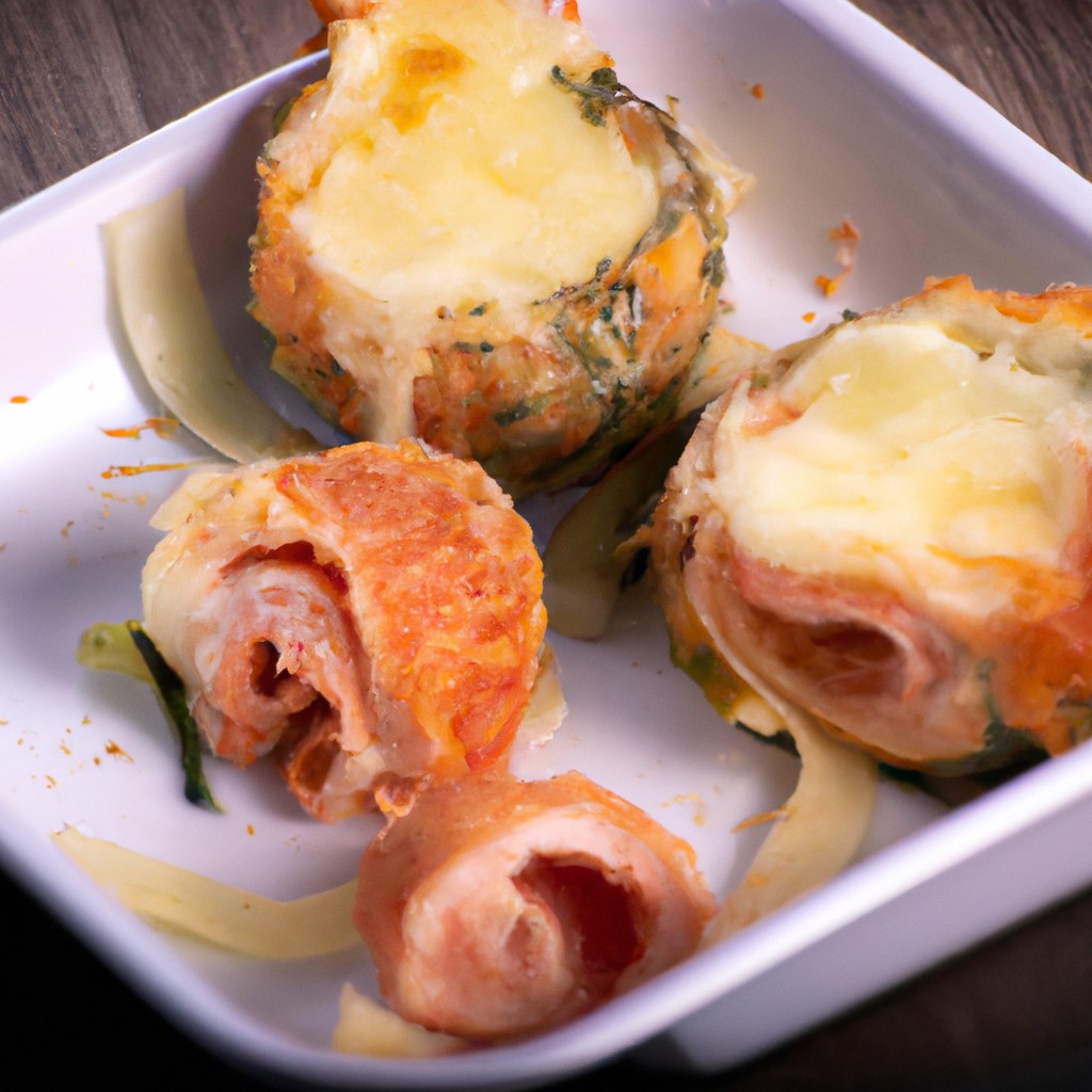 Imagem de um prato de salmão gratinado dourado e crocante cozido na Airfryer, coberto com uma crosta crocante de queijo parmesão e ervas frescas. O salmão é suculento e tenro por dentro, com uma bela cor rosa. O prato é acompanhado por um acompanhamento de vegetais grelhados.