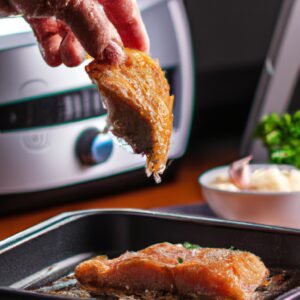 Imagem de salmão assado na Airfryer com pele crocante e suculento por dentro. O salmão é guarnecido com limão e ervas e é servido em um prato branco.