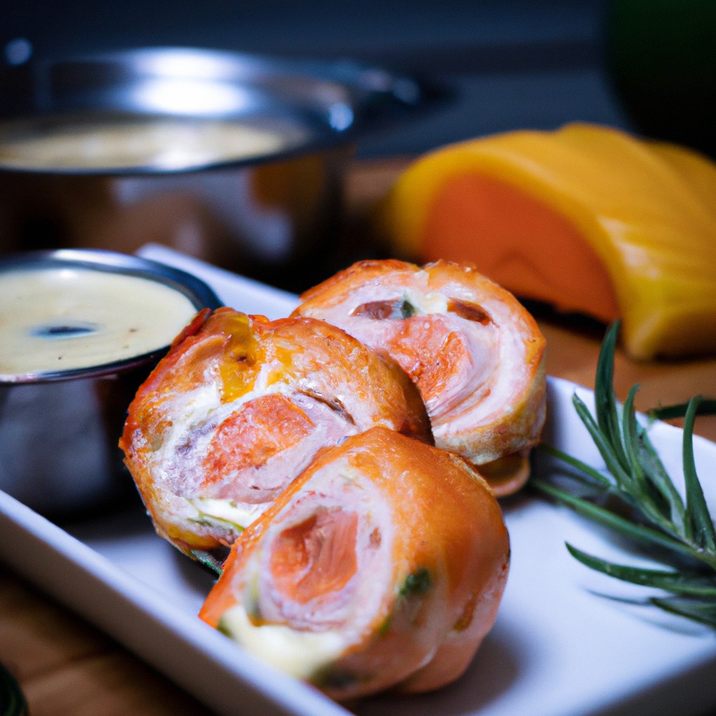 Imagem de salmão assado na Airfryer com pele crocante e dourada, coberto com um molho de maracujá brilhante e sementes de maracujá. O salmão é guarnecido com ervas frescas, fatias de limão e uma fatia de maracujá. O fundo é uma mesa de madeira com um pano de fundo branco.