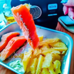 Imagem de um filé de salmão assado na Airfryer, coberto com ervas e azeite. O salmão está disposto sobre uma assadeira com furos, permitindo que o ar circule e crie um cozimento uniforme.