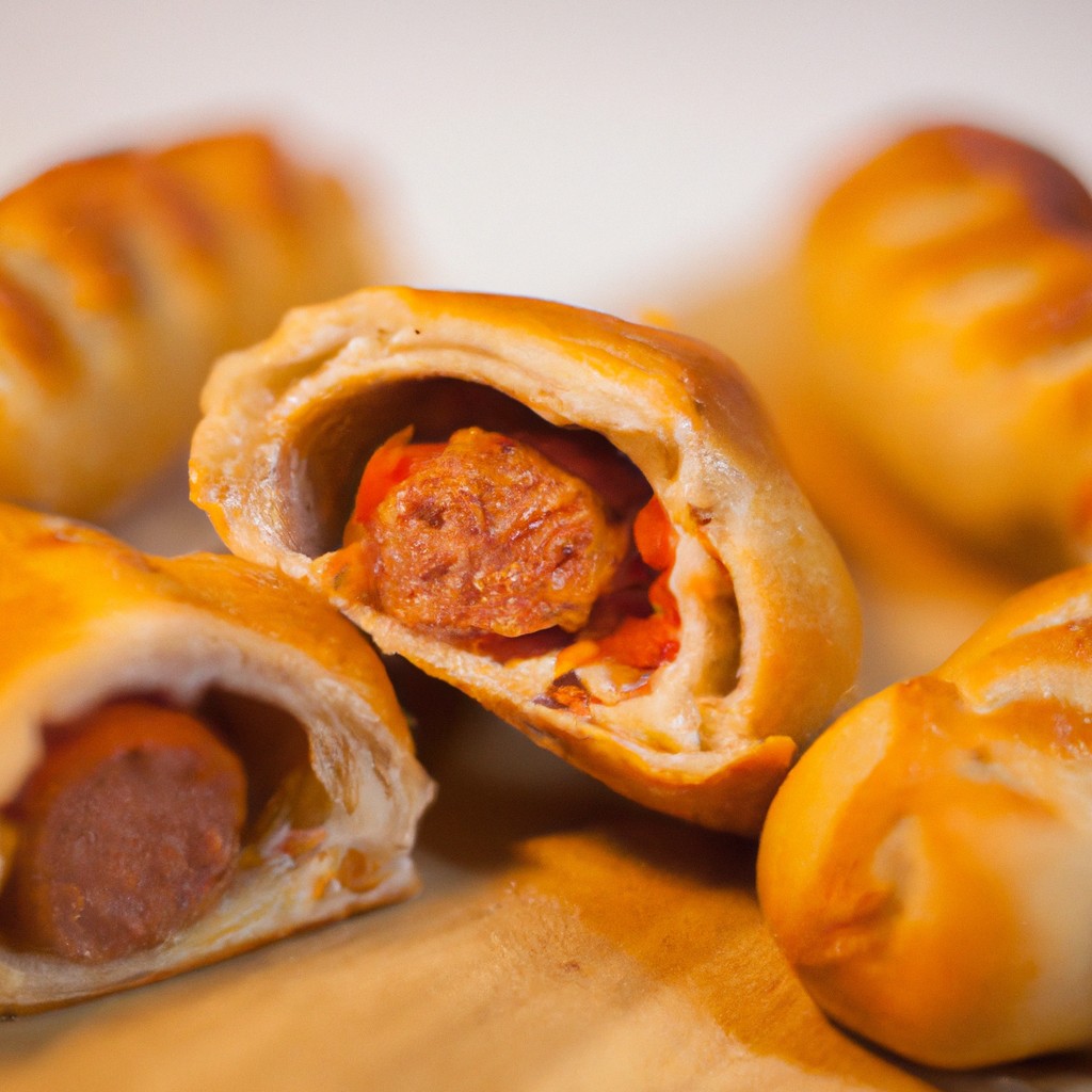 Foto de uma assadeira de salsichas empanadas na Airfryer. As salsichas estão douradas e crocantes, e a Airfryer está no fundo.