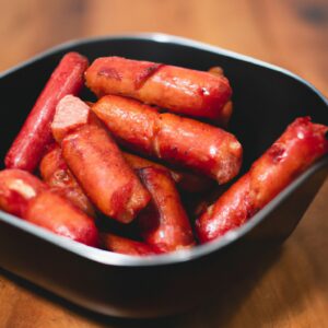 Imagem de salsichas douradas e crocantes cozidas em uma airfryer. A receita é fácil e rápida de fazer, resultando em salsichas perfeitamente cozidas com um exterior crocante e suculento por dentro.