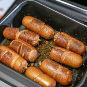 Imagem mostra um salsichão dourado e crocante cozido em uma Airfryer. A salsicha é colocada em uma cesta de arame dentro da Airfryer, com o fundo da cesta visível.