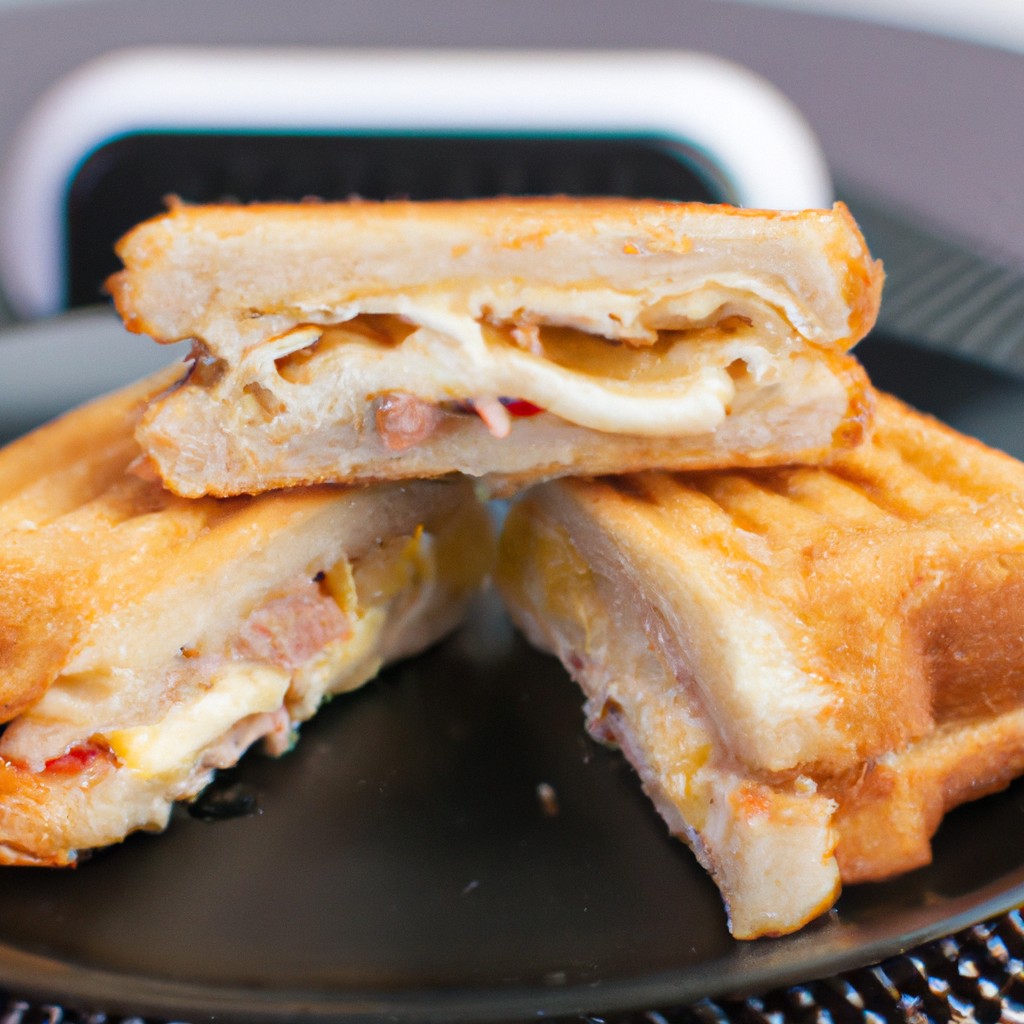 Sanduíche Com Ovo Na Airfryer: Receita Fácil E Rápida De Fazer 1 Imagem de um sanduíche de ovo feito em uma Airfryer, com pão torrado, ovo frito e queijo derretido. O sanduíche é servido em um prato com uma xícara de café ao lado.