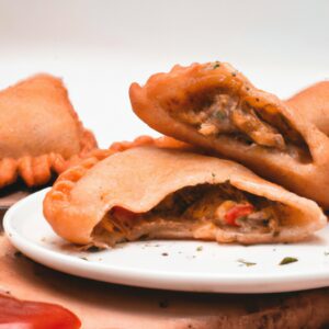 Imagem de uma sardinha empanada dourada e crocante, recém-saída da Airfryer. A sardinha é servida em um prato com rodelas de limão. O fundo da imagem mostra uma fritadeira Airfryer.