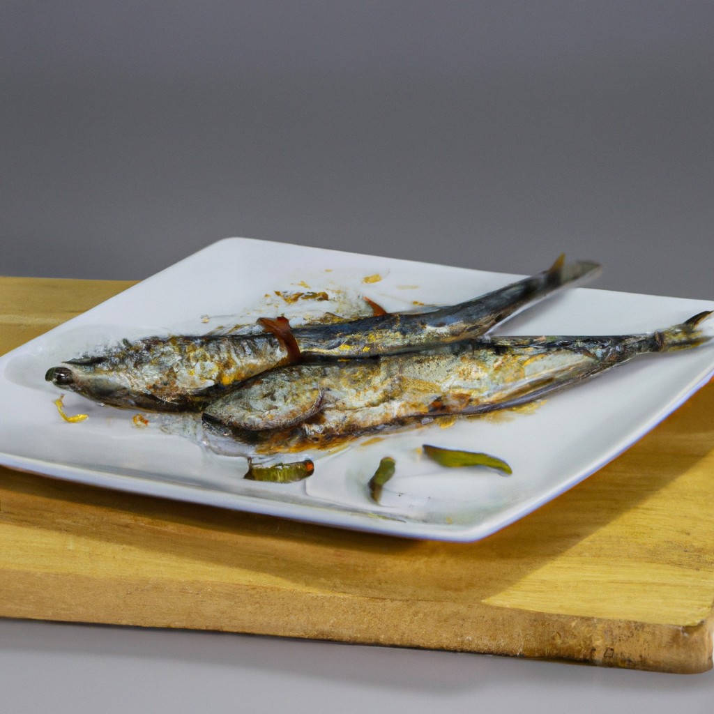 Sardinhas crocantes e douradas servidas em uma travessa, preparadas na Airfryer. O prato é acompanhado por rodelas de limão e ervas aromáticas.