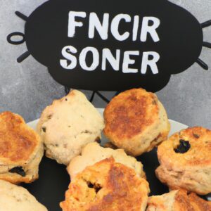 Scones de abóbora assustadores para o Dia das Bruxas, fritos ao ar livre, em forma de fantasmas, morcegos e abóboras, polvilhados com açúcar de confeiteiro e decorados com glacê.