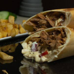 Uma imagem de um shawarma assado na Airfryer, cortado ao meio para mostrar o seu interior suculento. O shawarma é feito com carne de frango marinada e especiarias, enrolada em pão pita e assada até dourar.