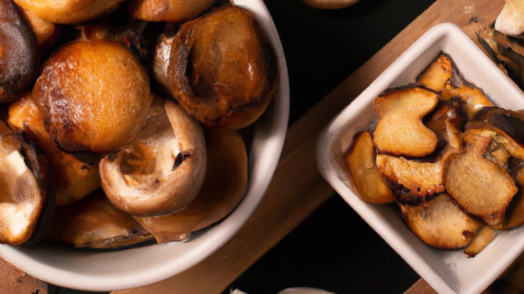 Imagem de cogumelos shiitake grelhados em uma airfryer. Os cogumelos estão dourados e crocantes, e são servidos com um molho de soja.