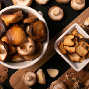 Imagem de cogumelos shiitake grelhados em uma airfryer. Os cogumelos estão dourados e crocantes, e são servidos com um molho de soja.
