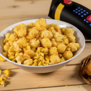 Imagem de um prato cheio de bolinhos de arroz crocantes e dourados feitos na Airfryer. Os bolinhos são servidos com um molho para mergulhar e são apresentados em um fundo branco.