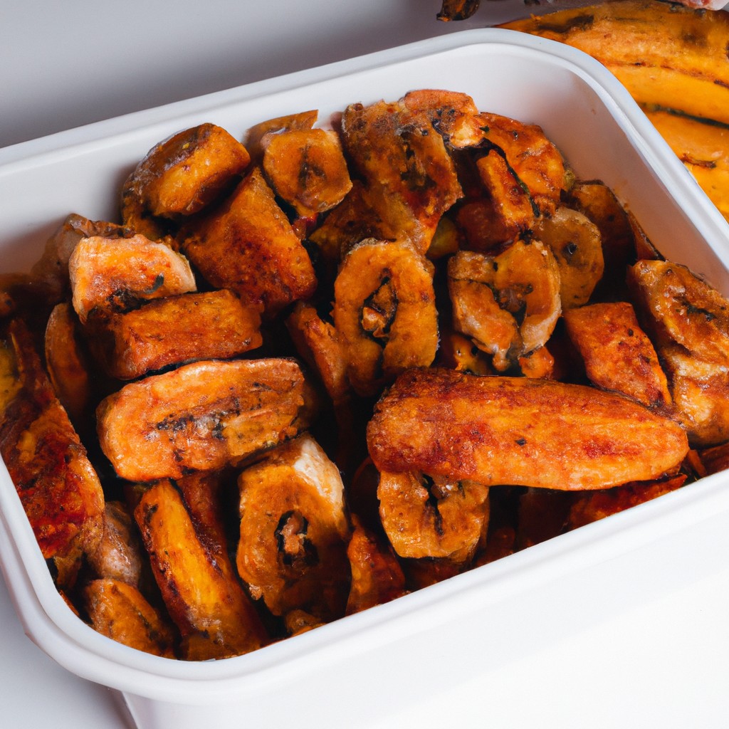Snack De Banana Na Airfryer: Receita Fácil E Rápida De Fazer 1 Imagem de uma bandeja de Airfryer com fatias de banana cobertas com canela e açúcar mascavo. As bananas são douradas e crocantes, com uma leve camada de especiarias por cima.