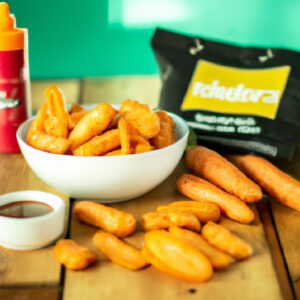 Imagem de palitos de cenoura crocantes dispostos em um prato branco. As cenouras foram preparadas na Airfryer e estão ligeiramente douradas e cobertas com temperos verdes.